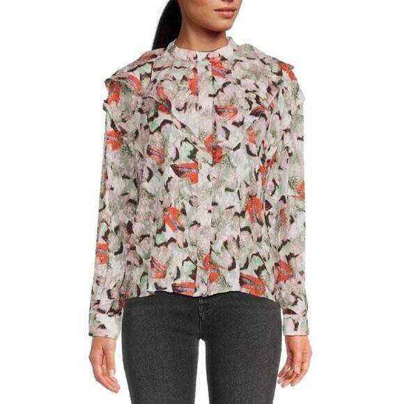 IRO Carus Silk Blend Absract Long Sleeve Ruffle Blouse Womens Multicolor Size 40 - Picture 1 of 6